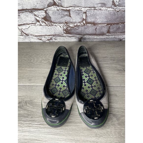 Tory Burch Channing Black Patent Leather Green Gray Canvas Ballet Flats Women 7M - Picture 4 of 16